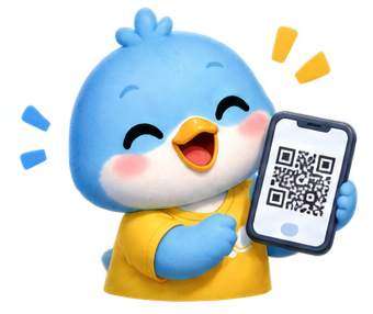Bird holding a phone showing a QR code